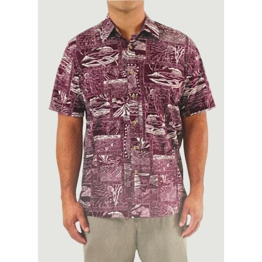 Cooke Street Men's L Hawaiian Islands Maroon & White Short Sleeve Button n1074